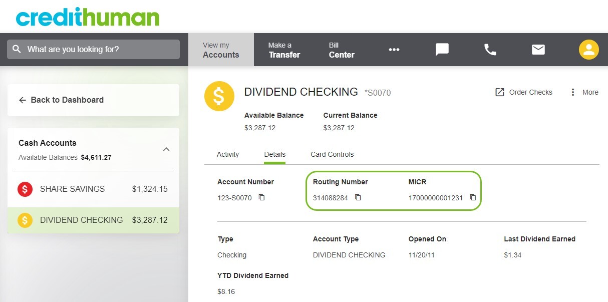 digital banking sample screen indicating placement of routing and MICR number placement